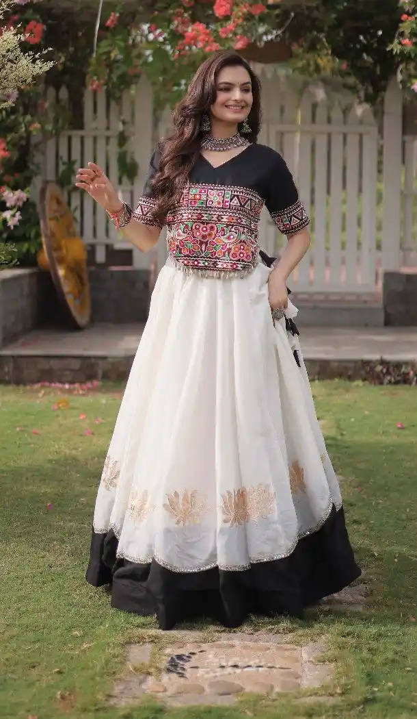 Green Mirror Lace Roman Silk Navratri Chaniya Choli with Kutchi Gamti Work - 172658968