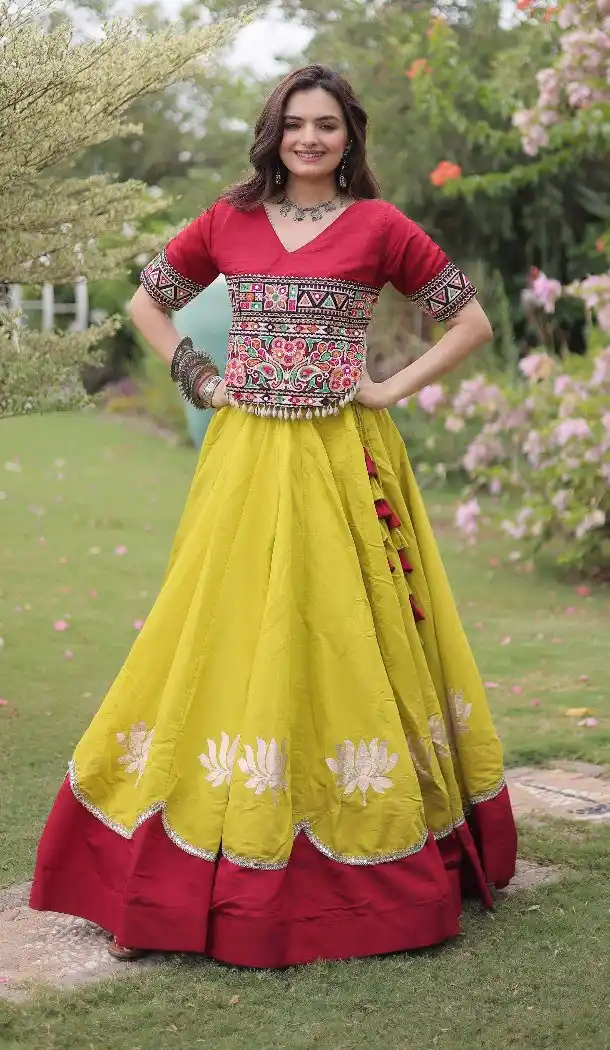 Yellow Kutchi Gamti Embroidery Roman Silk Navratri Chaniya Choli - 172658969