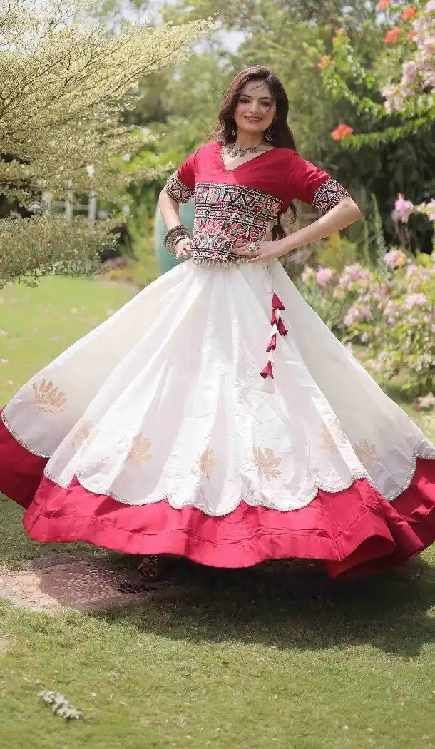 White Roman Silk Mirror Lace Navratri Chaniya Choli with Kutchi Work - 172658970