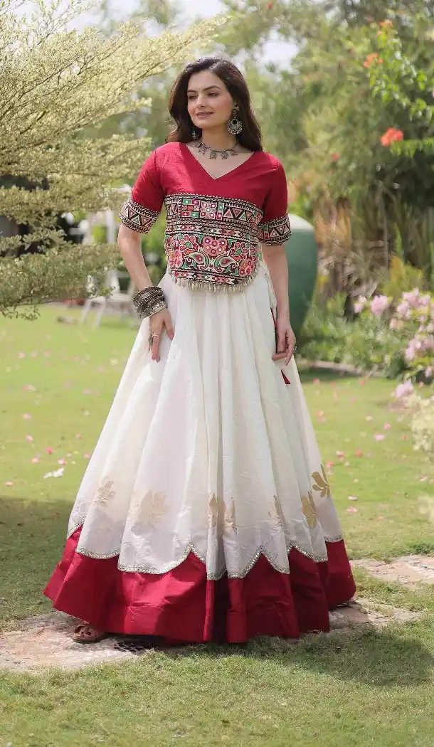 White Roman Silk Mirror Lace Navratri Chaniya Choli with Kutchi Work - 172658970