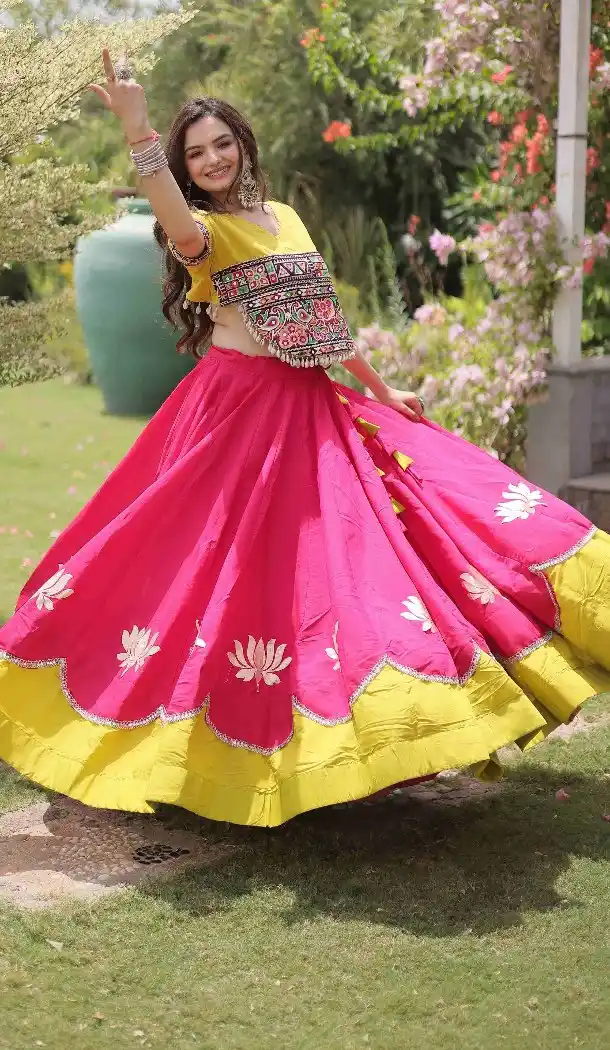 Pink Roman Silk Kutchi Gamti Embroidery Navratri Chaniya Choli - 172658972