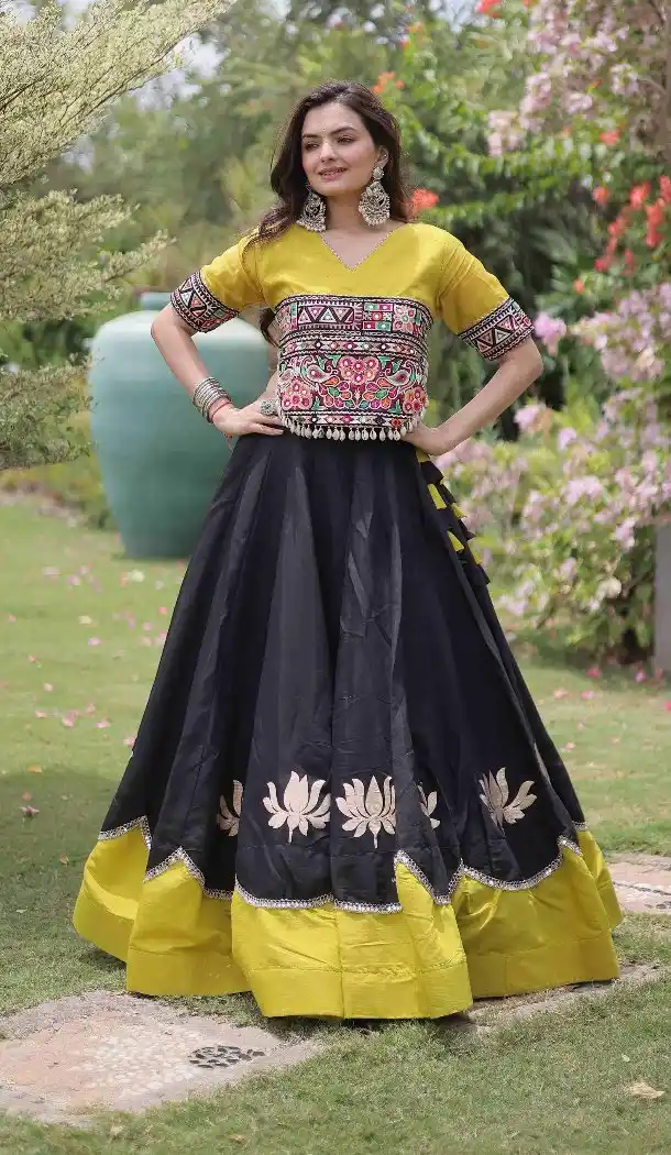 Black Roman Silk Mirror Lace Navratri Chaniya Choli with Kutchi Work - 172658973