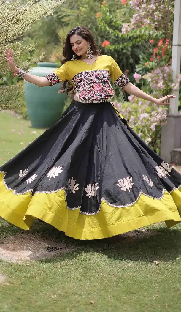 Black Roman Silk Mirror Lace Navratri Chaniya Choli with Kutchi Work - 172658973