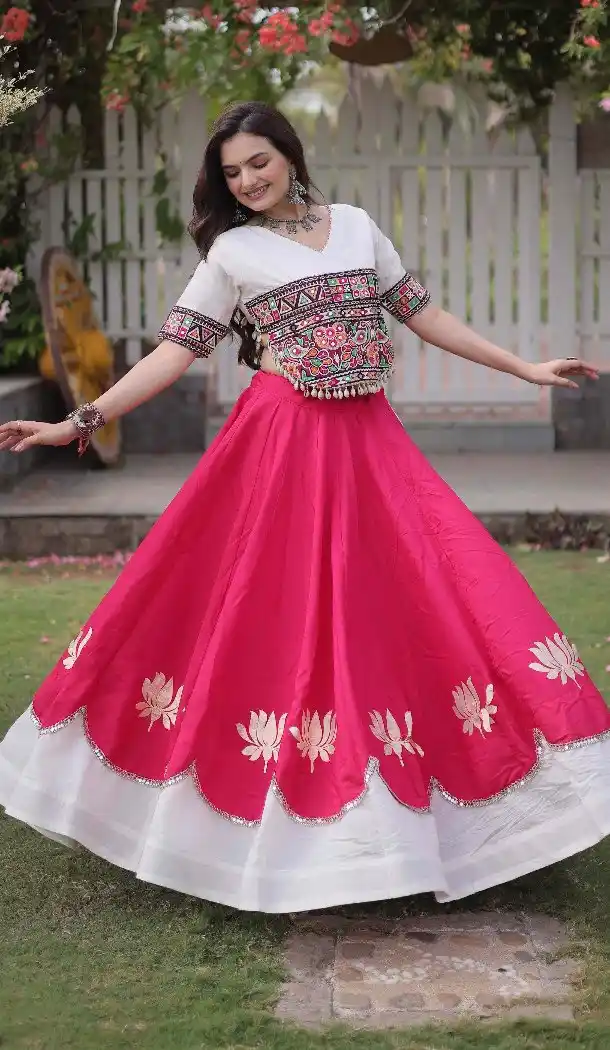 Pink Roman Silk Mirror Lace Navratri Chaniya Choli - 172658975