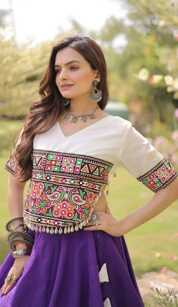 Purple Kutchi Gamti Embroidery Mirror Lace Navratri Chaniya Choli - 172658976