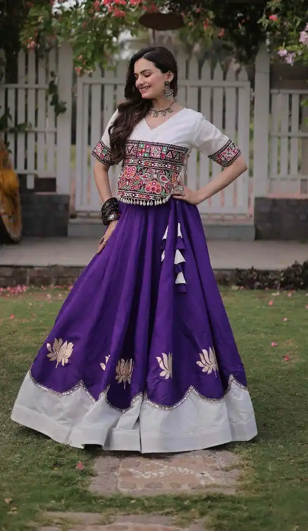 Purple Kutchi Gamti Embroidery Mirror Lace Navratri Chaniya Choli - 172658976