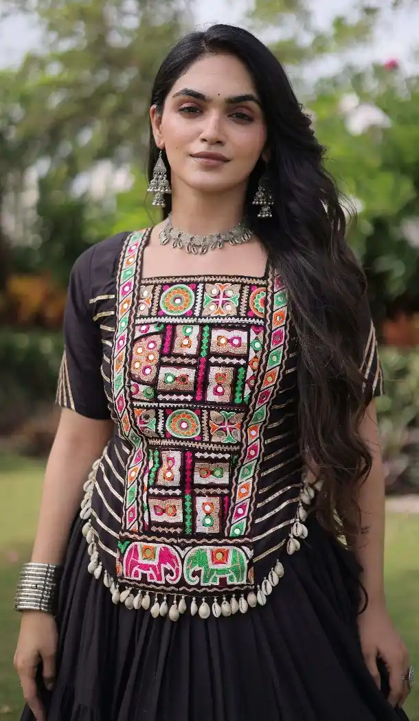 Black Kora Cotton Navratri Chaniya Choli with Kutchi Patch Work - 173279364