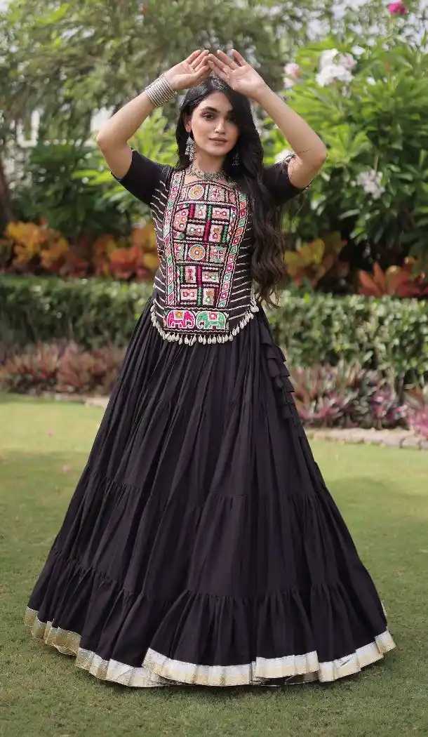Black Kora Cotton Navratri Chaniya Choli with Kutchi Patch Work - 173279364