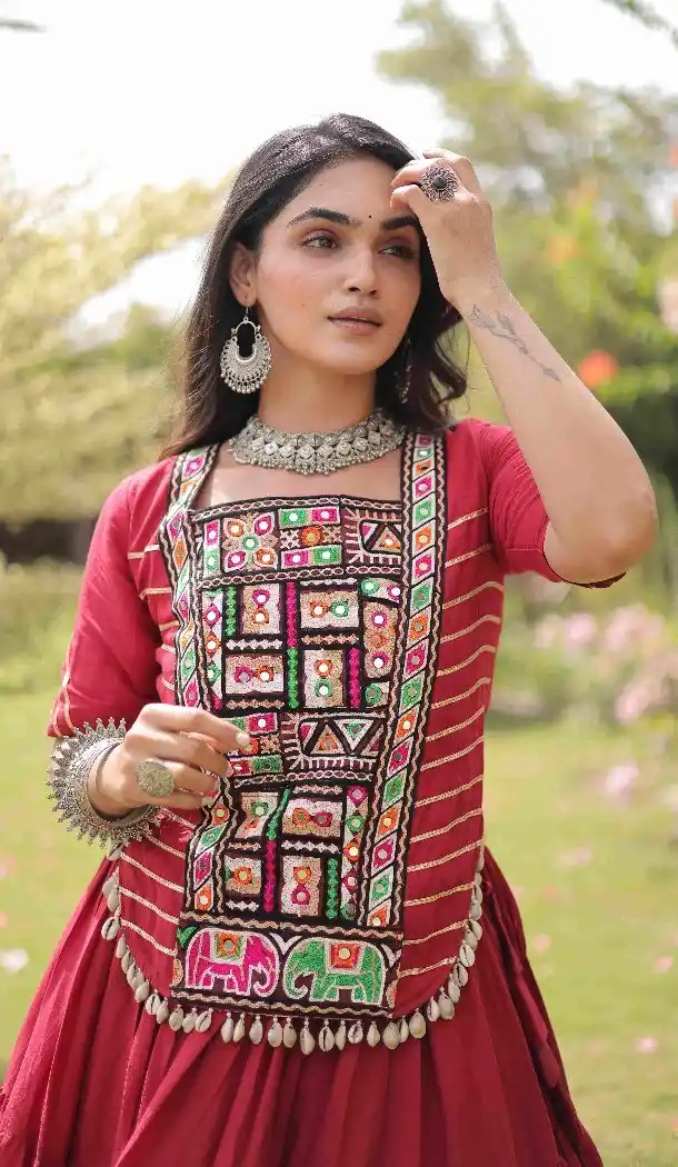 Maroon Kutchi Patch Work Chaniya Choli in Kora Cotton - 173279365