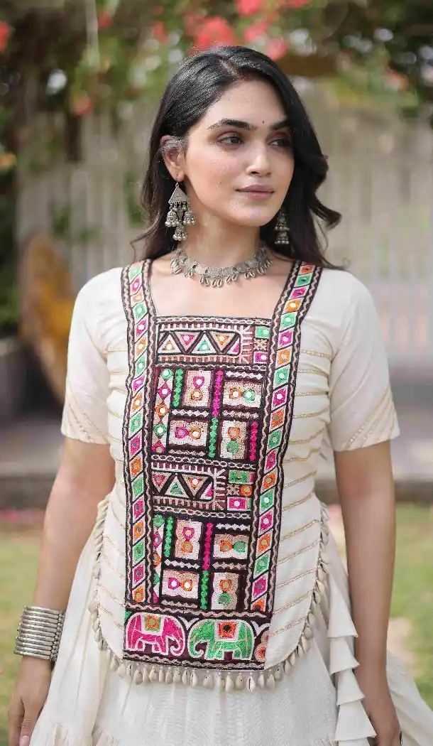 Off White Kora Cotton Festive Chaniya Choli with Kutchi Patch Work - 173279366