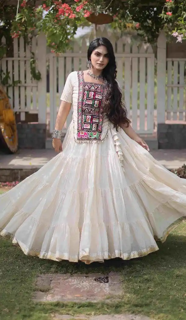 Off White Kora Cotton Festive Chaniya Choli with Kutchi Patch Work - 173279366