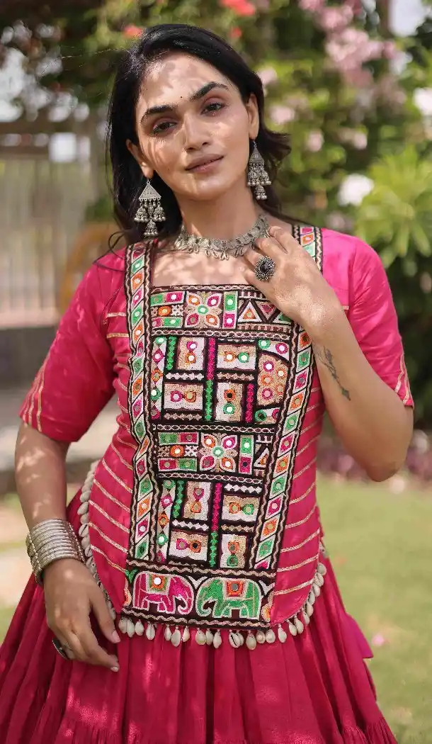 Pink Navratri Chaniya Choli with Kora Cotton Kutchi Patch Work - 173279367
