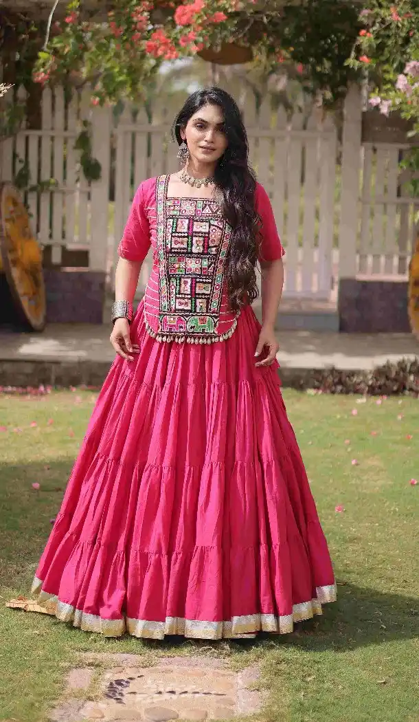 Pink Navratri Chaniya Choli with Kora Cotton Kutchi Patch Work - 173279367