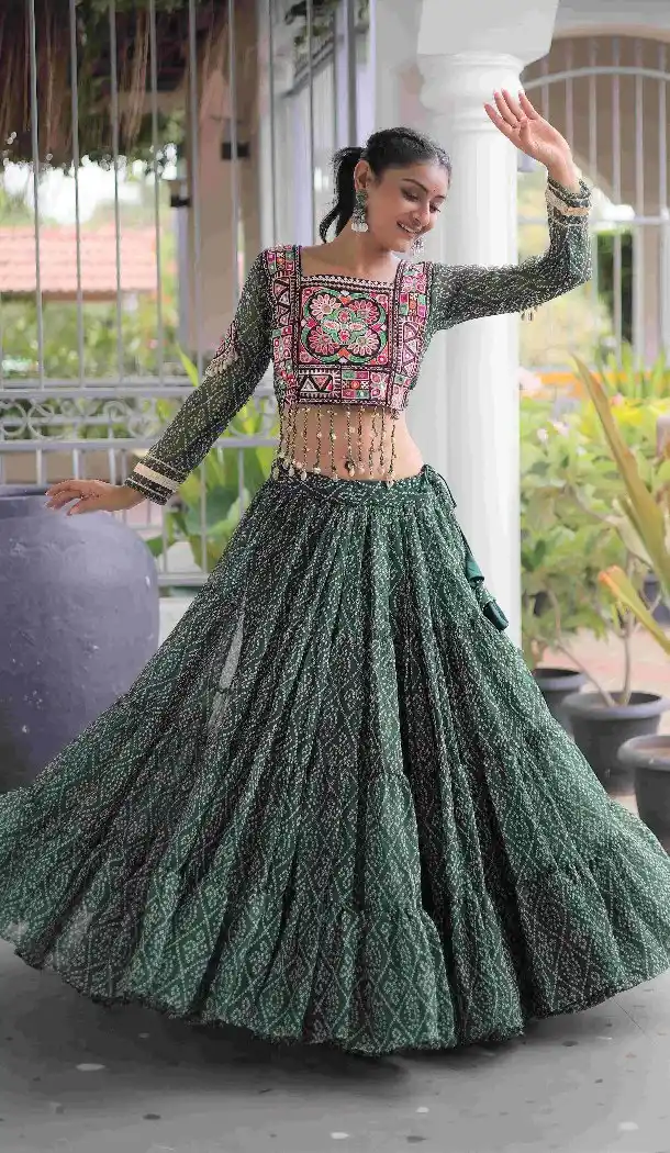 Green Kutchi Patch Work Faux Georgette Navratri Chaniya Choli - 173649649