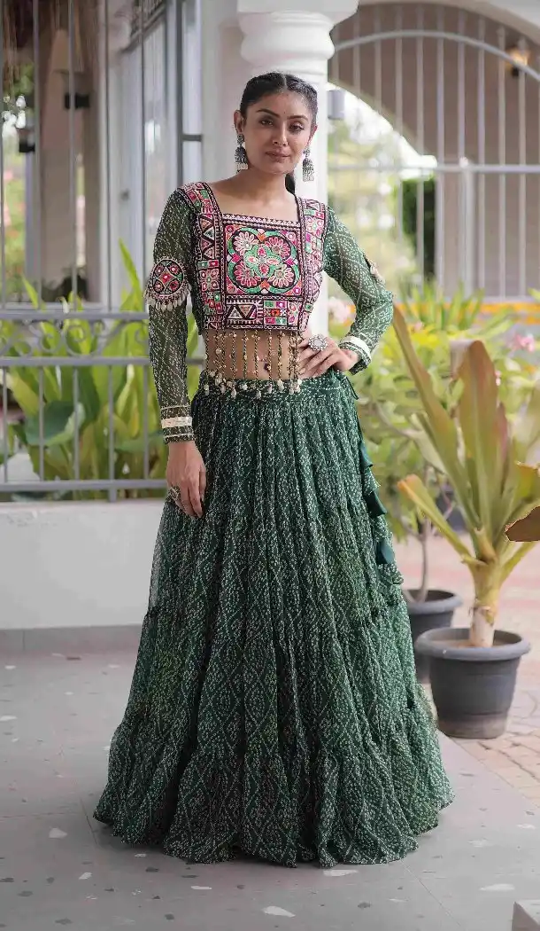 Green Kutchi Patch Work Faux Georgette Navratri Chaniya Choli - 173649649