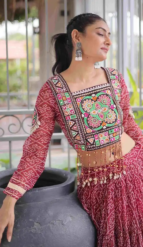 Maroon Bandhani Print Plus Size Navratri Chaniya Choli - 173649650