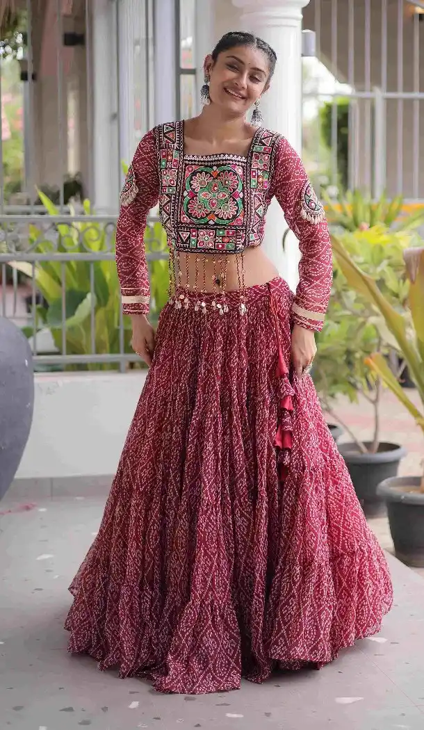Maroon Bandhani Printed Faux Georgette Chaniya Choli - 173649650