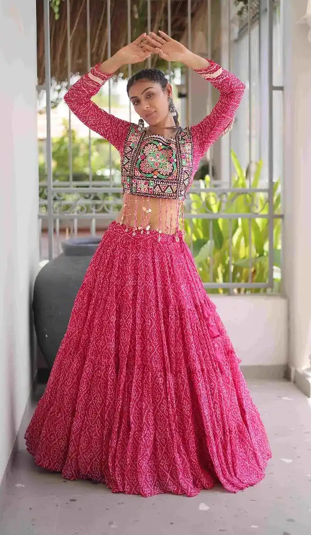Pink Designer Kutchi Patch Work Navratri Chaniya Choli - 173649651