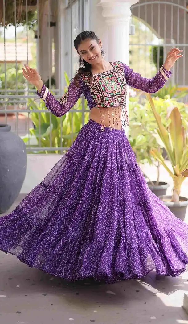 Purple Faux Georgette Kutchi Work Navratri Chaniya Choli - 173649652