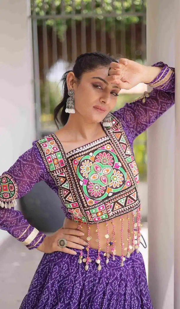 Purple Faux Georgette Plus Size Navratri Chaniya Choli with Kutchi Work - 173649652
