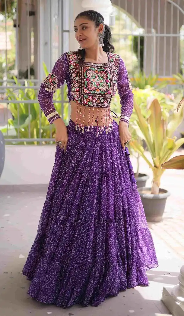 Purple Faux Georgette Kutchi Work Navratri Chaniya Choli - 173649652