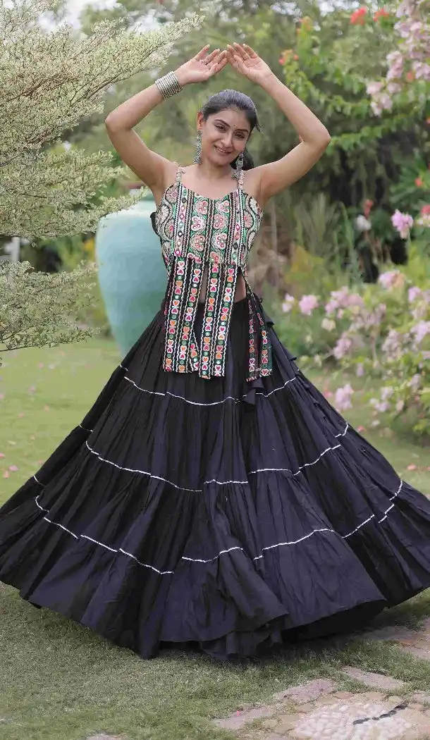 Black Kora Cotton Chaniya Choli with Kutchi Patch Work for Navratri - 173899844