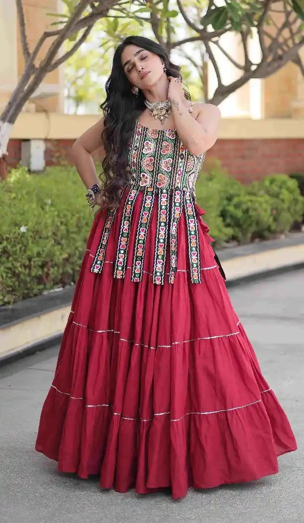 Maroon Navratri Chaniya Choli with Kutchi Patch Work in Kora Cotton - 173899845