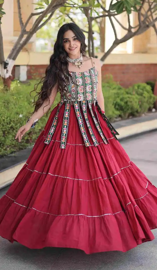 Maroon Navratri Chaniya Choli with Kutchi Patch Work in Kora Cotton - 173899845