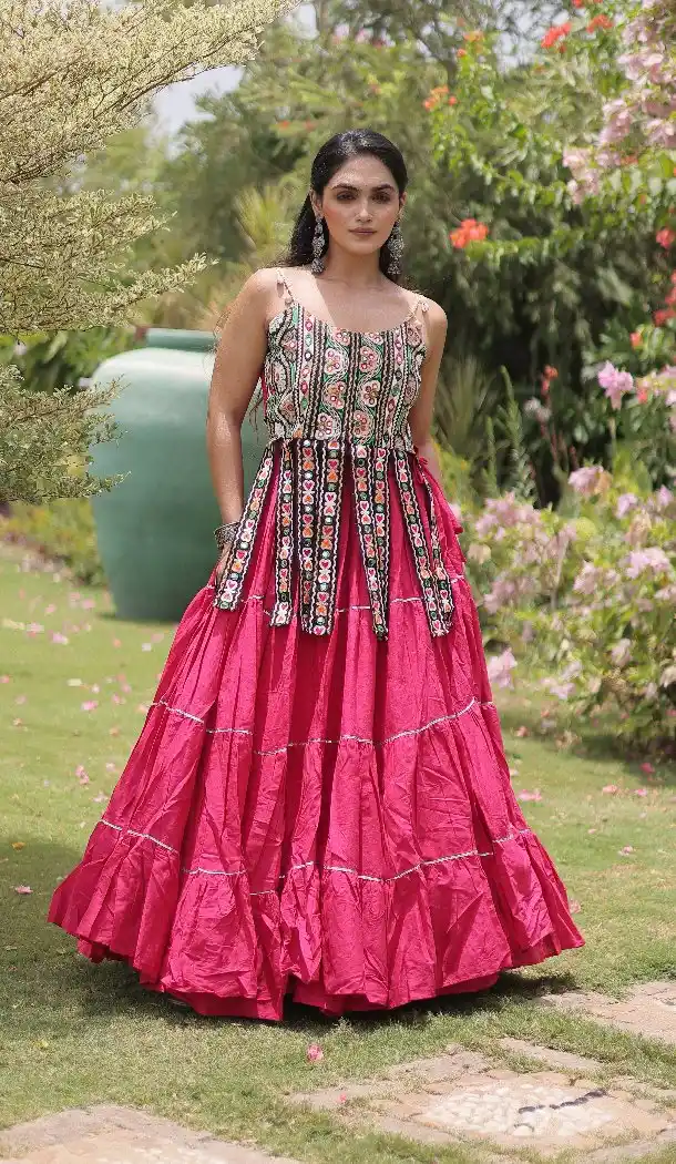 Pink Kora Cotton Navratri Chaniya Choli with Traditional Kutchi Work - 173899846