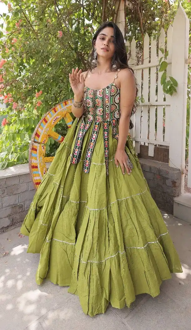 Green Navratri Chaniya Choli with Kutchi Patch Work on Kora Cotton - 173899847
