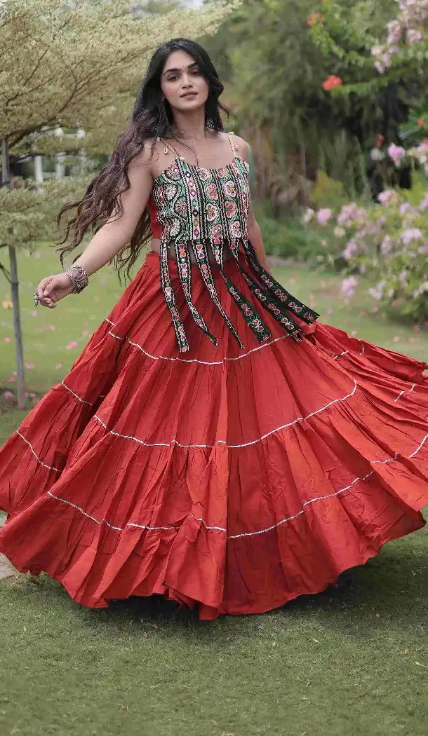 Rust Navratri Chaniya Choli in Kora Cotton with Kutchi Patch Work - 173899849