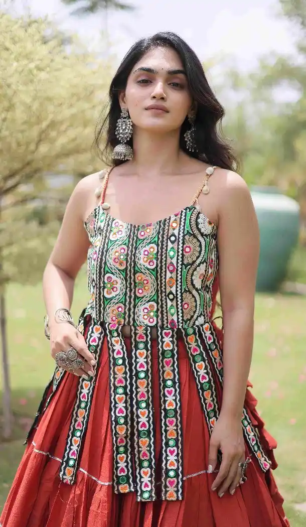 Rust Navratri Chaniya Choli in Kora Cotton with Kutchi Patch Work - 173899849