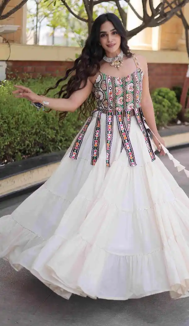 White Kora Cotton Navratri Chaniya Choli with Traditional Kutchi Patch Work - 173899850