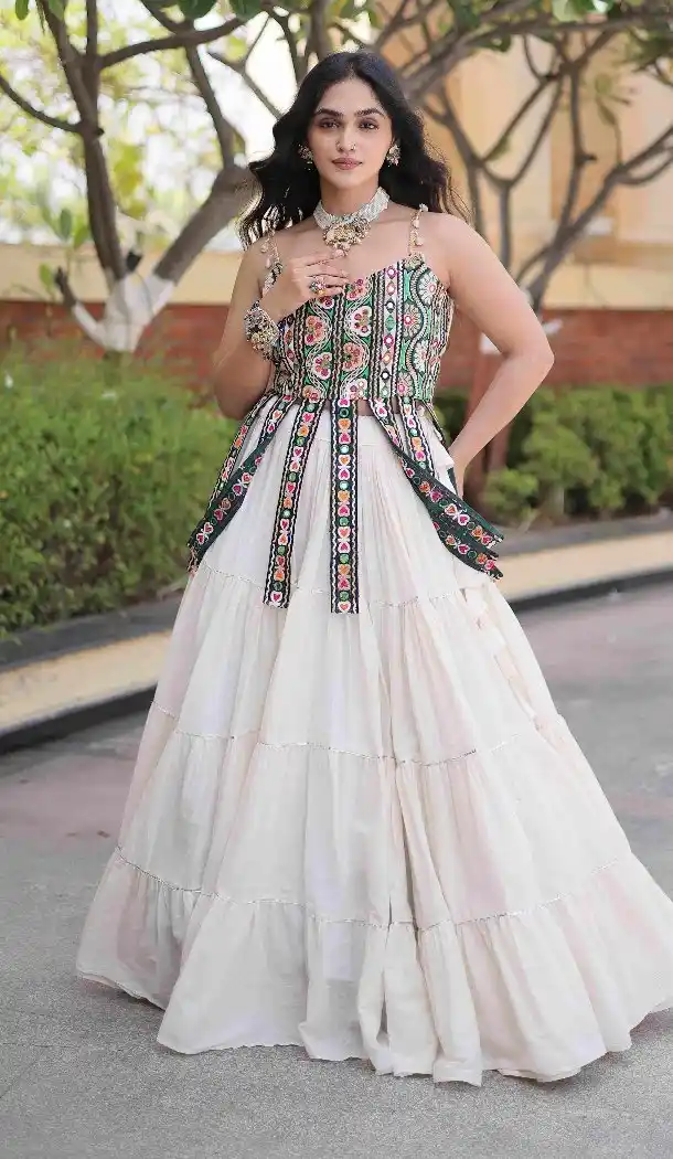 White Kora Cotton Navratri Chaniya Choli with Traditional Kutchi Patch Work - 173899850