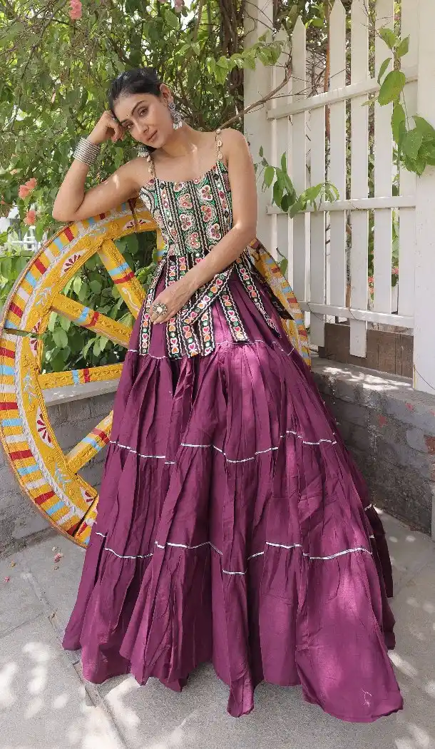 Wine Navratri Chaniya Choli with Kutchi Patch Work in Kora Cotton - 173899851