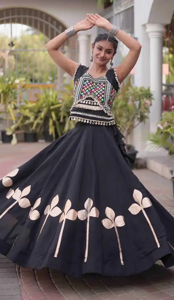 Black Roman Silk Gamthi Work Navratri Chaniya Choli - 173989907