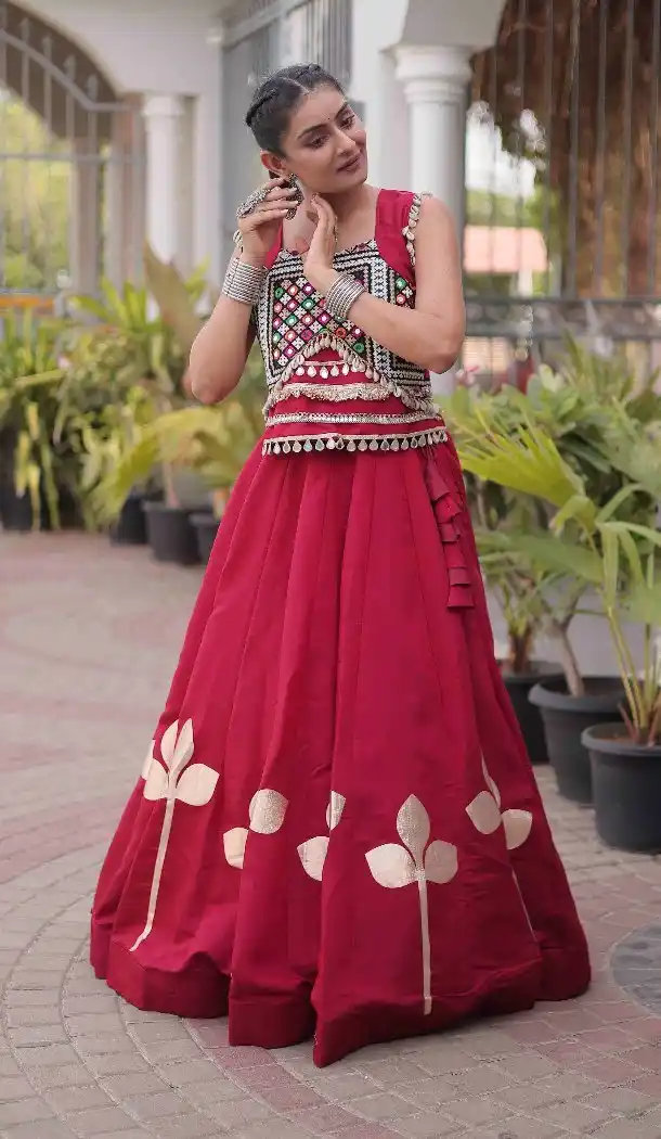 Maroon Mirror Work Roman Silk Navratri Chaniya Choli - 173989908