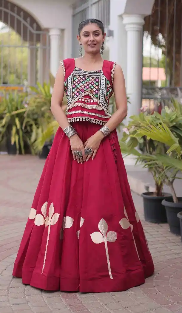 Maroon Mirror Work Roman Silk Navratri Chaniya Choli - 173989908
