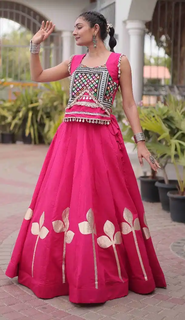 Pink Roman Silk Gamthi Mirror Work Navratri Chaniya Choli - 173989910