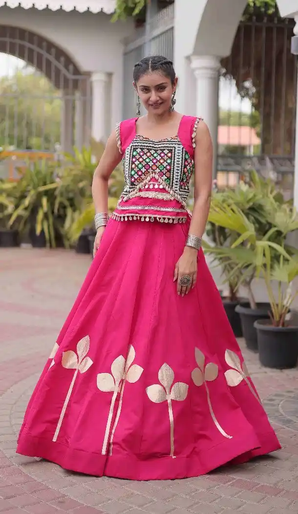 Pink Roman Silk Gamthi Mirror Work Navratri Chaniya Choli - 173989910
