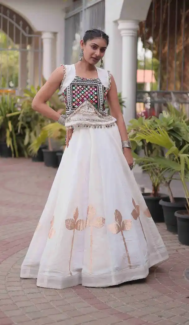 White Roman Silk Pan Gota Patti Navratri Chaniya Choli - 173989912