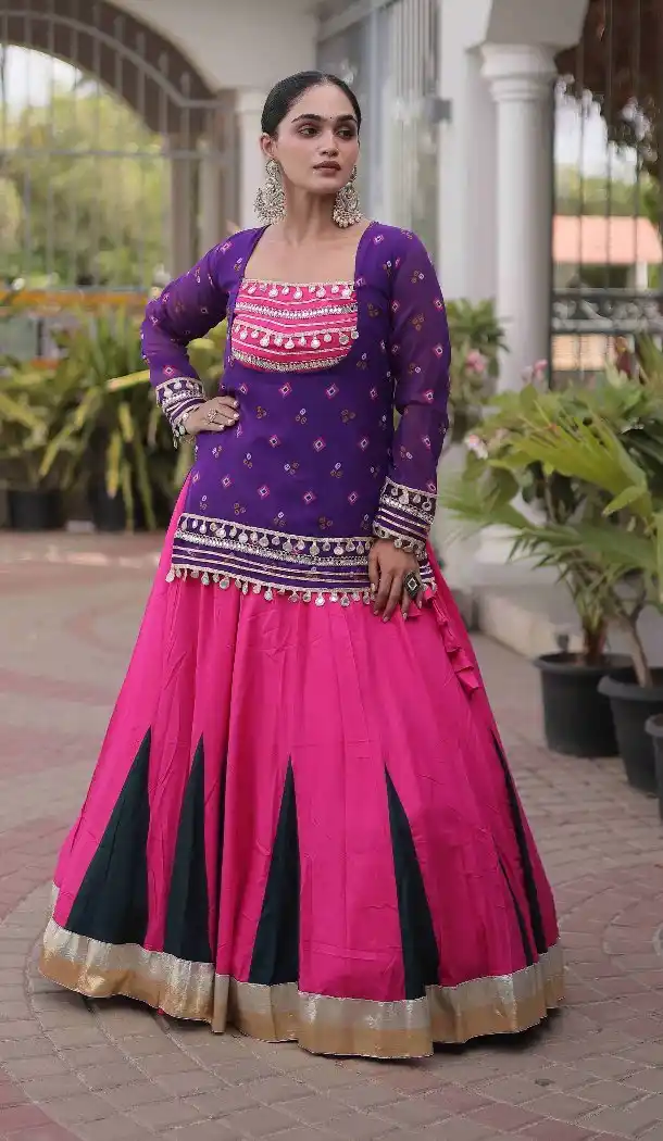 Pink Navratri Chaniya Choli with Bandhani and Kutchi Gamthi Work - 174141022