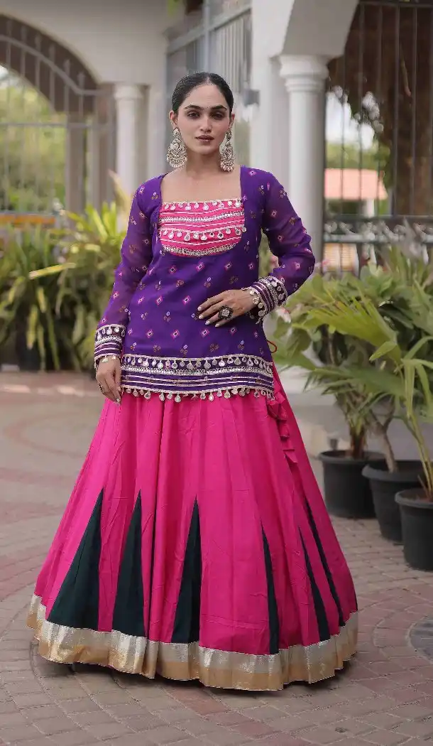 Pink Navratri Chaniya Choli with Bandhani and Kutchi Gamthi Work - 174141022