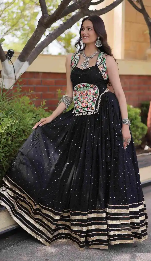 Black Rayon Navratri Chaniya Choli with Gamthi Mirror Work - 174491256