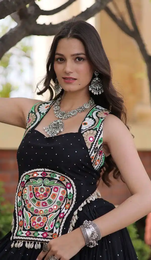 Black Rayon Gamthi Work Plus Size Navratri Chaniya Choli - 174491256