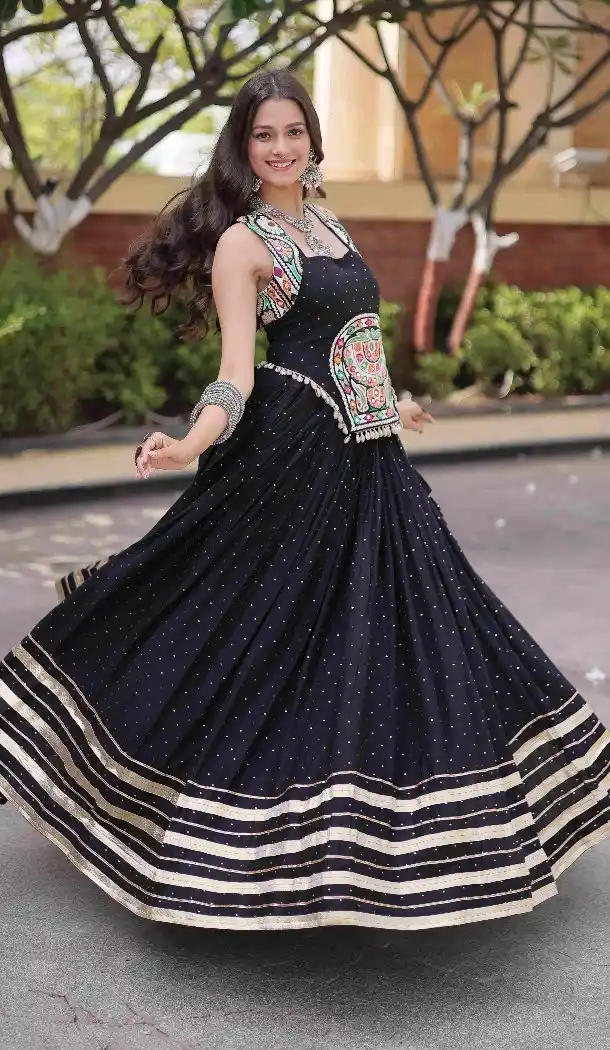 Black Rayon Navratri Chaniya Choli with Gamthi Mirror Work - 174491256