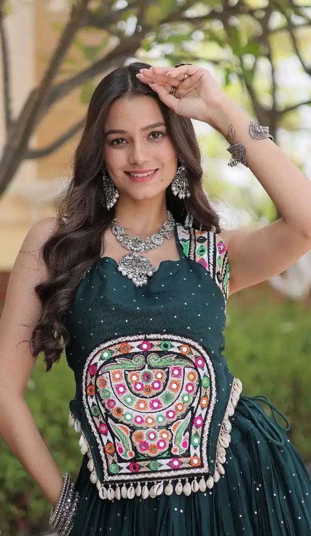 Green Rayon Mukesh Mirror Work Plus Size Navratri Chaniya Choli - 174491257