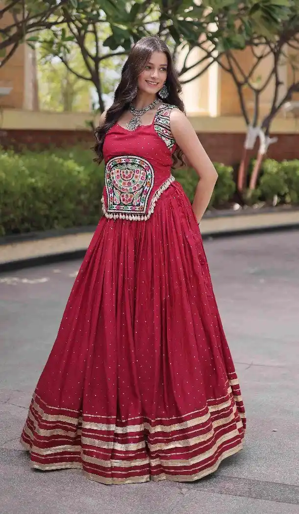 Maroon Gamthi Mirror Work Rayon Navratri Chaniya Choli - 174491258