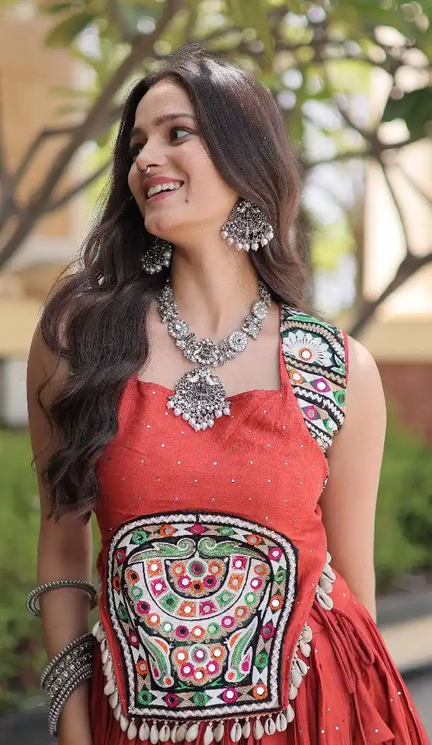 Rust Rayon Mukesh Mirror Work Plus Size Navratri Chaniya Choli - 174491259