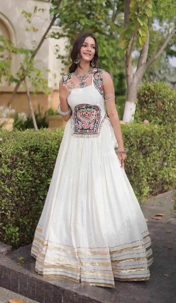 White Mukesh Gamthi Mirror Work Rayon Chaniya Choli - 174491260
